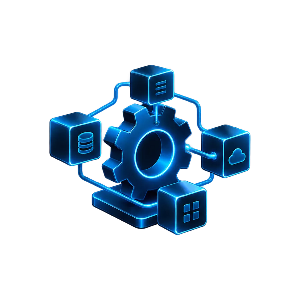 Cyanblaue Illustration eines Zahnrads mit verbundenen Software- und Systemmodulen.